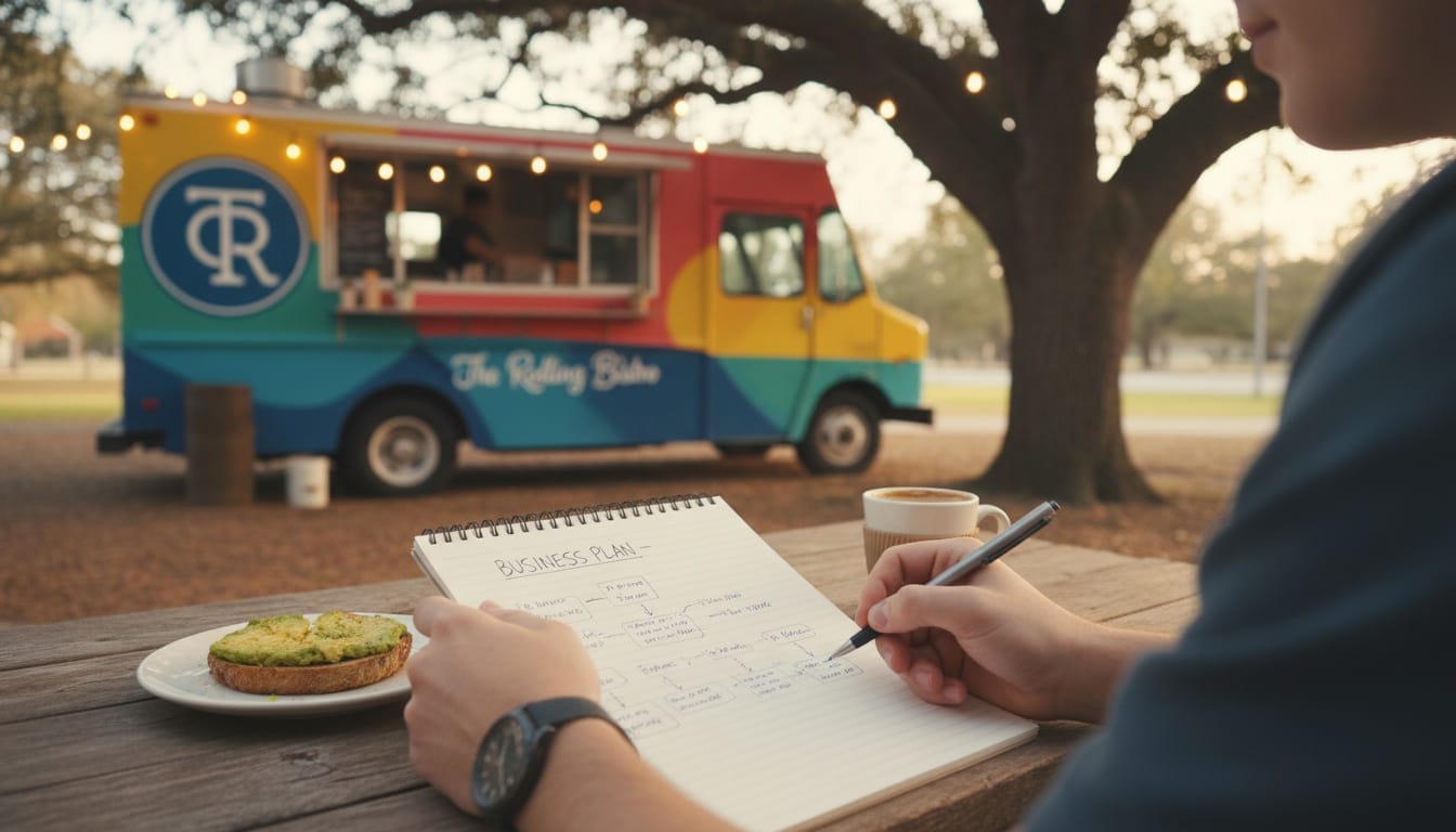 Professional business plan document with food truck planning materials