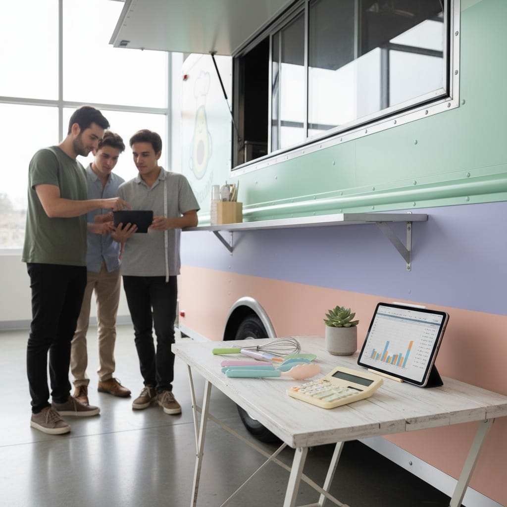 Food truck operator reviewing a startup budget beside a mobile kitchen