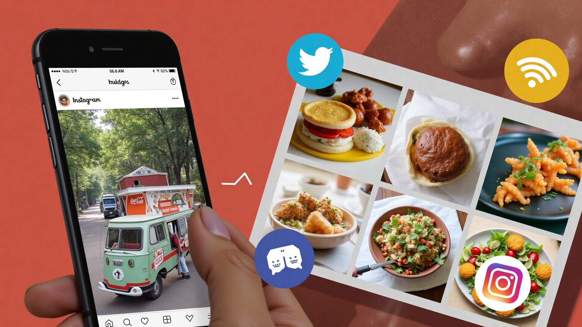 Food truck social media marketing strategy with phone showing Instagram posts